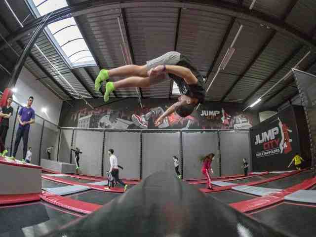 jump, city, parc, trampolines